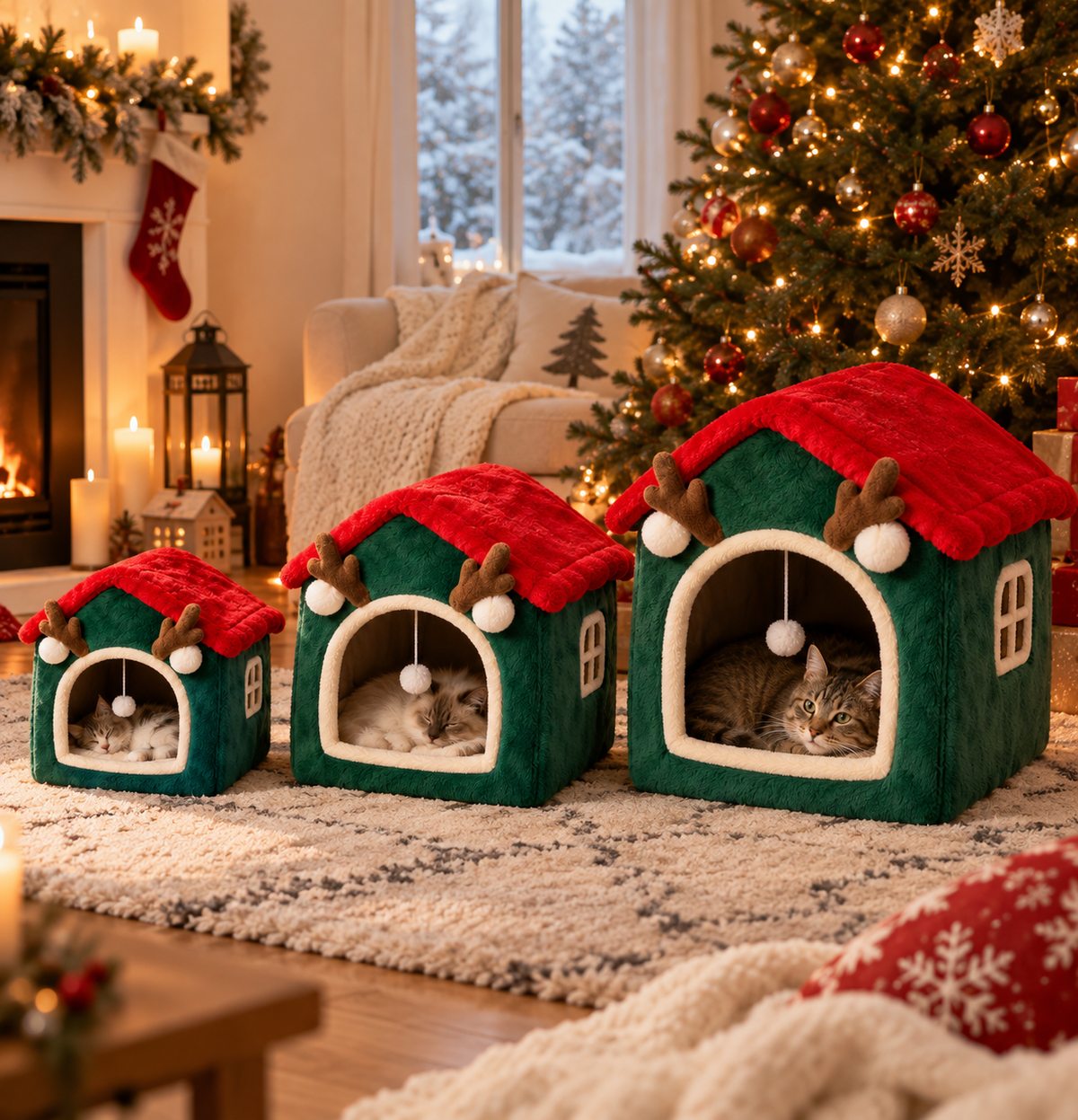 Niche pour chat de Noël, maison de chien, lit chaud et douillet en peluche multifonctionnel pour animaux, conception fermée épaissie, maison pour chat amovible, produit pour animaux de compagnie