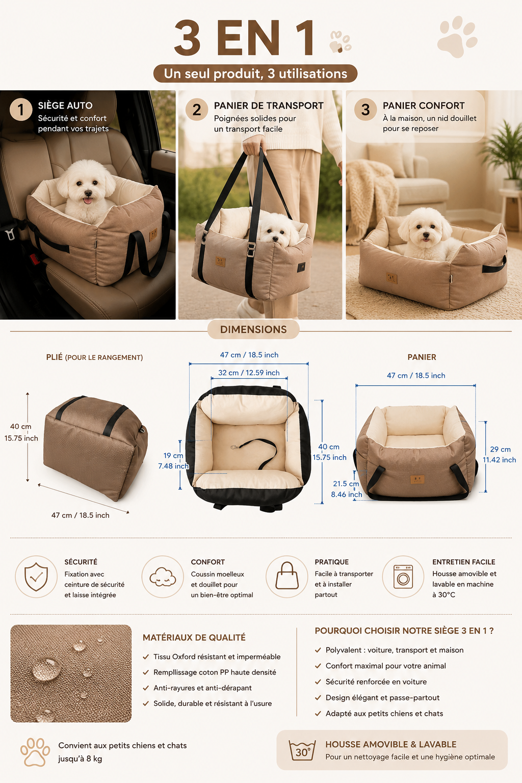 Siège Auto 3-en-1 pour Chien