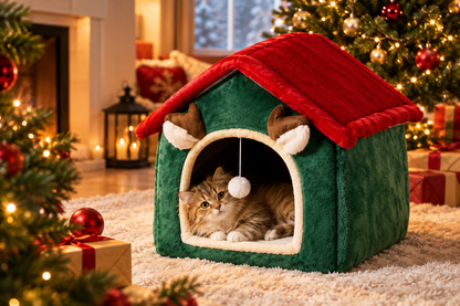 Niche pour chat de Noël, maison de chien, lit chaud et douillet en peluche multifonctionnel pour animaux, conception fermée épaissie, maison pour chat amovible, produit pour animaux de compagnie