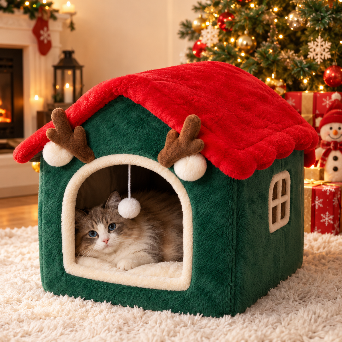 Niche pour chat de Noël, maison de chien, lit chaud et douillet en peluche multifonctionnel pour animaux, conception fermée épaissie, maison pour chat amovible, produit pour animaux de compagnie